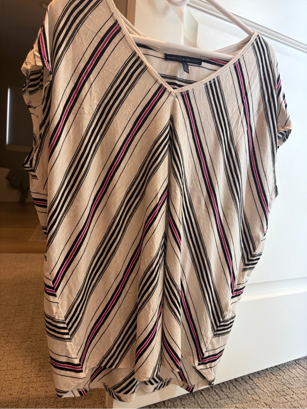 White House Black Market Beige V-Neck Tunic with Black and Pink Stripes